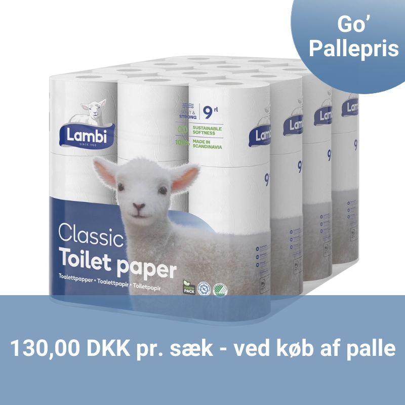 Go' pallepris på Lambi toiletpapir. kun 130 kr pr. sæk.