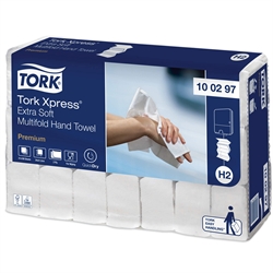 Tork Xpress H2 Premium extra Soft 2 lags papirhåndklæder 2100 ark. Indpakning med Ecolabel og FSC mærke.
