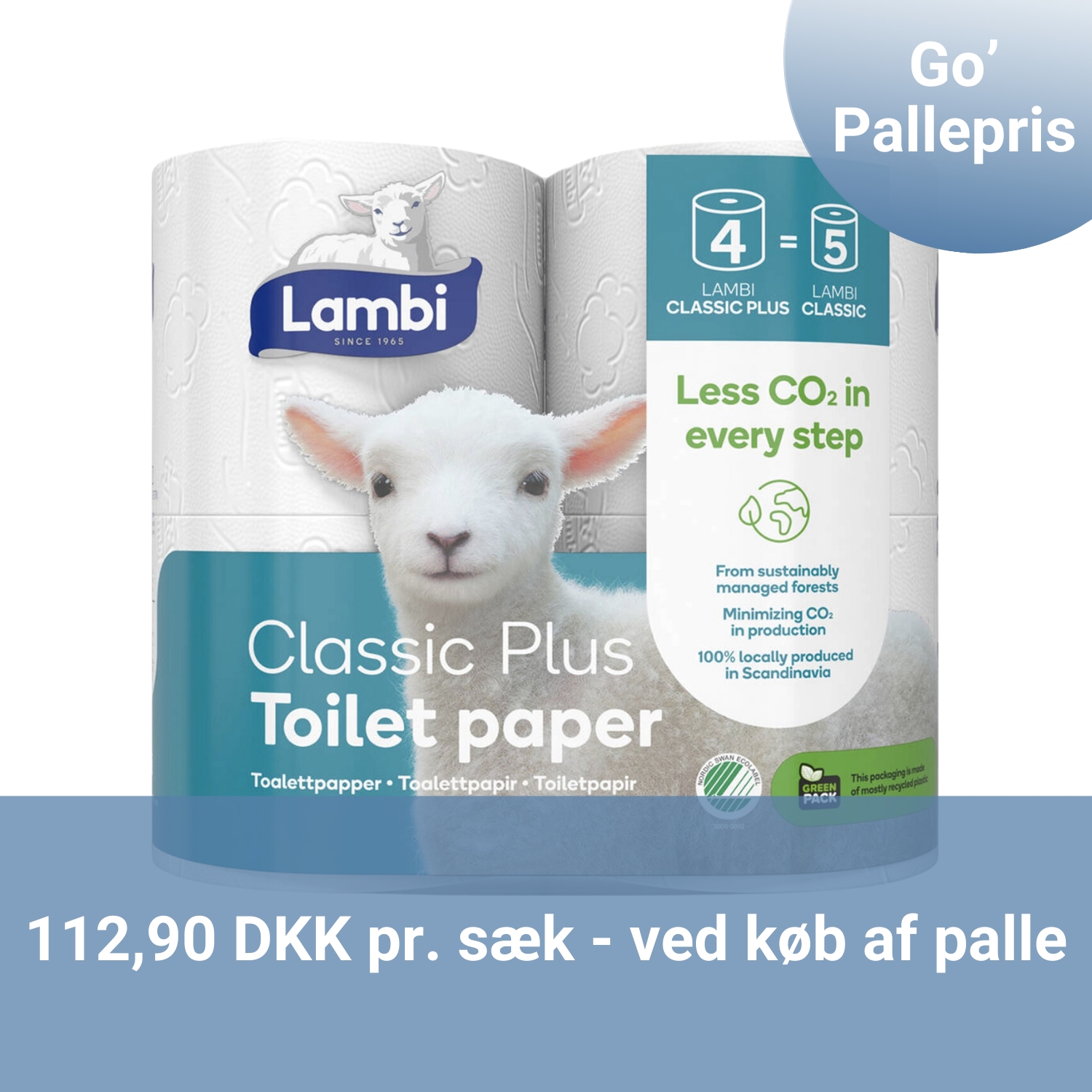 Go' pallepris på Lambi toiletpapir. kun 112,90 kr pr. sæk.