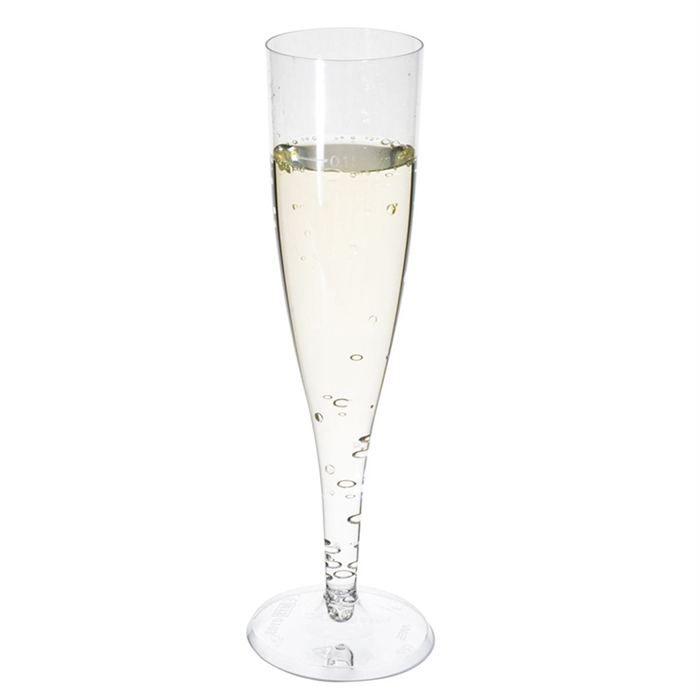 Champagneglas 10 cl. 20 cm højt i klar plast. Med champagne.