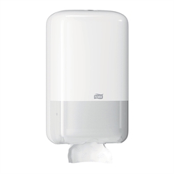 TORK T3 toiletpapir dispenser hvid med et ark papir det hænger ud